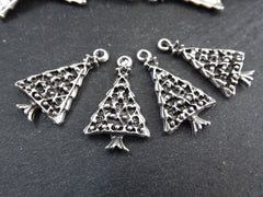 Christmas Tree Charms, Small Christmas Tree Holiday Pendant, Non Tarnish, Matte Antique Silver Plated, 4pc