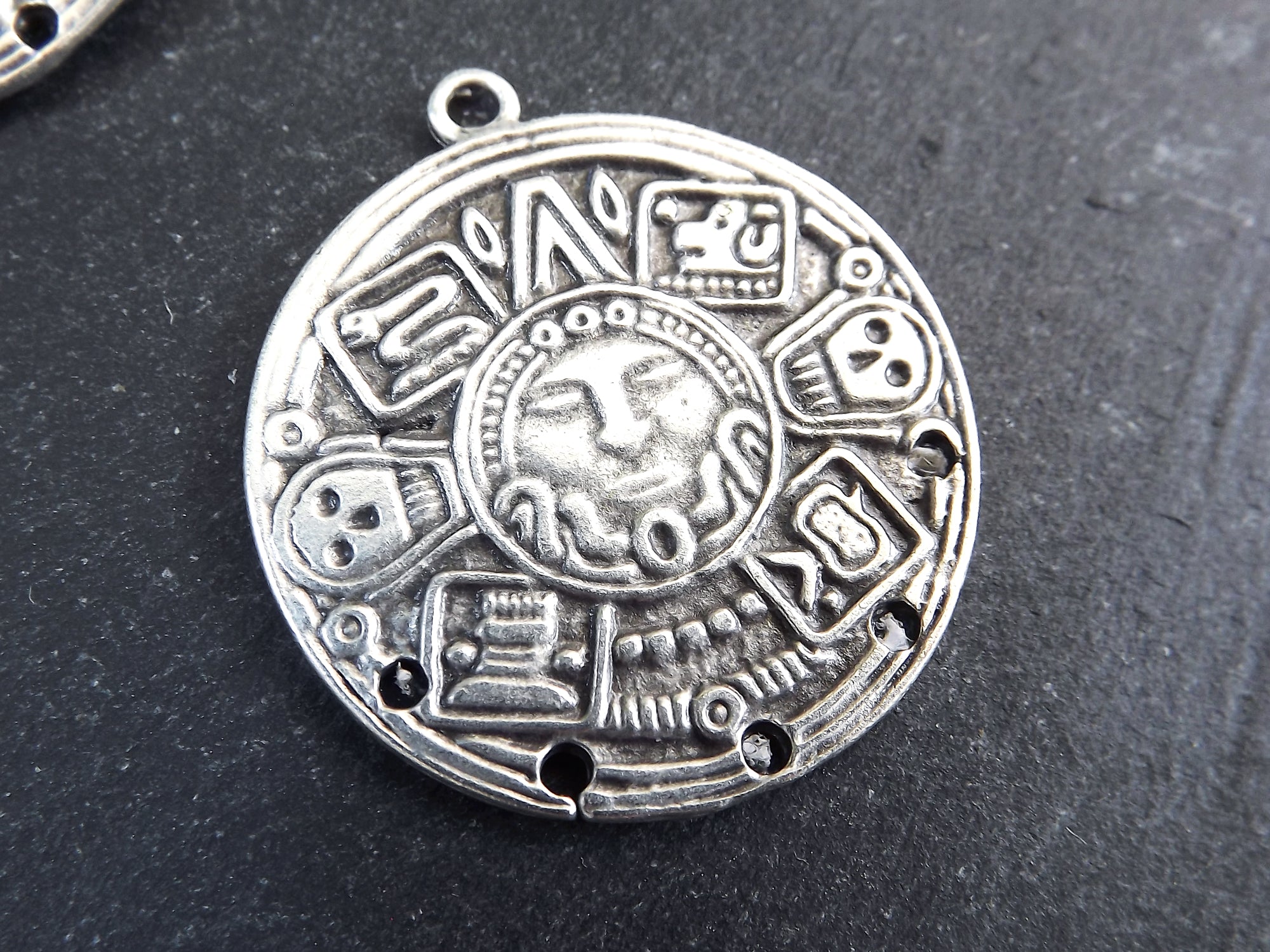Round Aztec Tribal Pendant, Chandelier Component Connector, Face Skull Pendant, Artisan Craft Supplies, Matte Antique Silver Plated, 1 pc