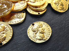 Greek Coin Pendant Gold Frame Bezel, Domitian Caesar Replica Coin, Medallion Charm, Ancient Greek Coin,, 22k Matte Gold Plated, 1pc
