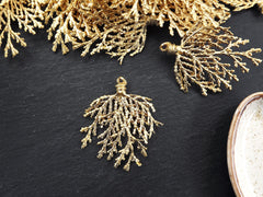 Gold Conifer Leaf Branch Pendant Charm, Metal Leaf Pendant, 22k Matte Gold Plated