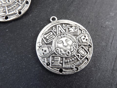 Round Aztec Tribal Pendant, Chandelier Component Connector, Face Skull Pendant, Artisan Craft Supplies, Matte Antique Silver Plated, 1 pc