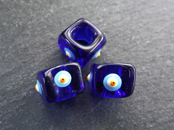 Cobalt Blue Square Evil Eye Beads, Protective Turkish Nazar, Good Luck Bead, 10mm, 3pc