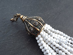 White Gemstone Beaded Tassel Pendant, Howlite Beads, Bronze Rhinestone Tassel Cap