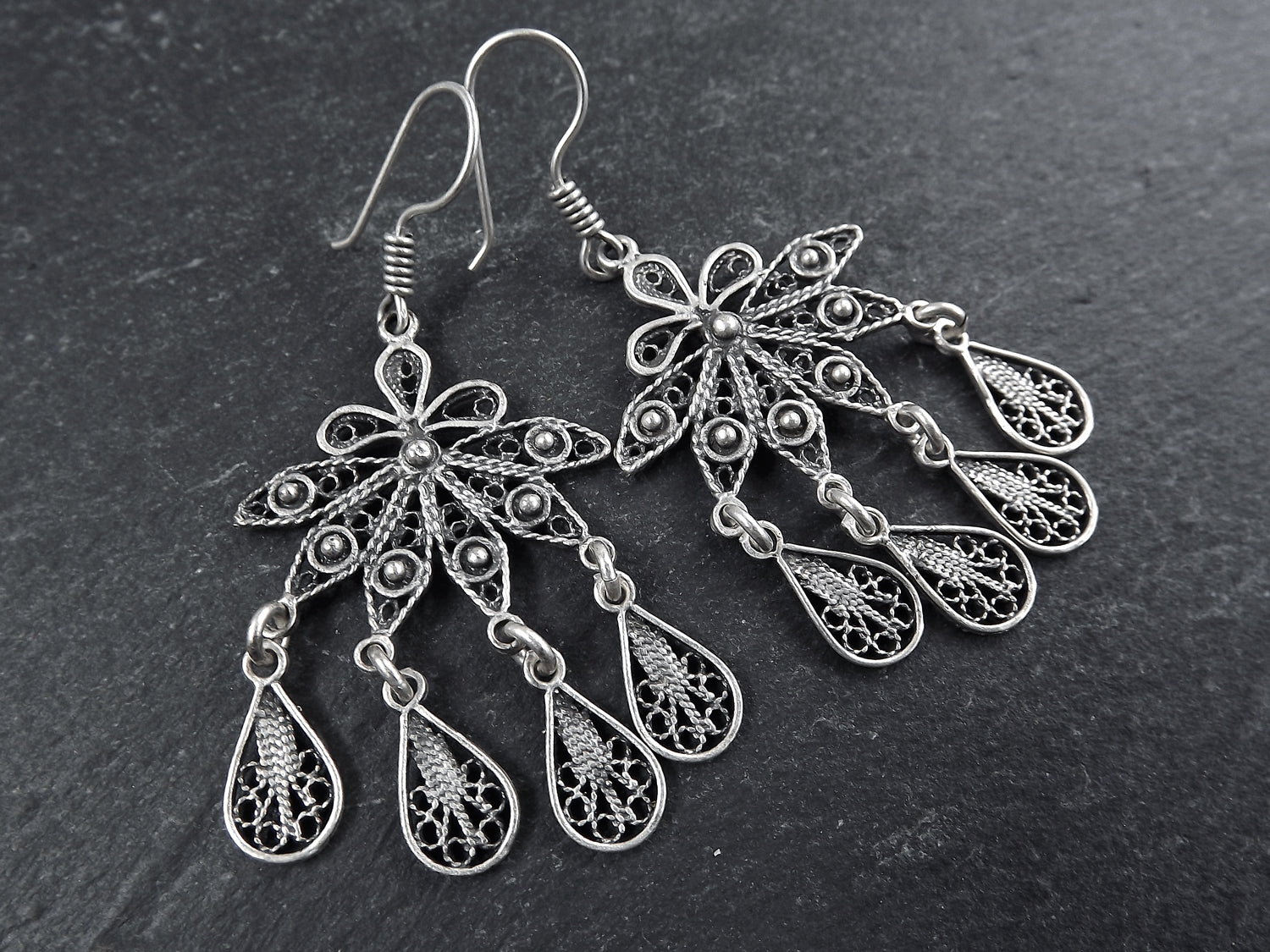 Petals Fan Shaped Telkari Dangly Silver Ethnic Boho Earrings - Authentic Turkish Style