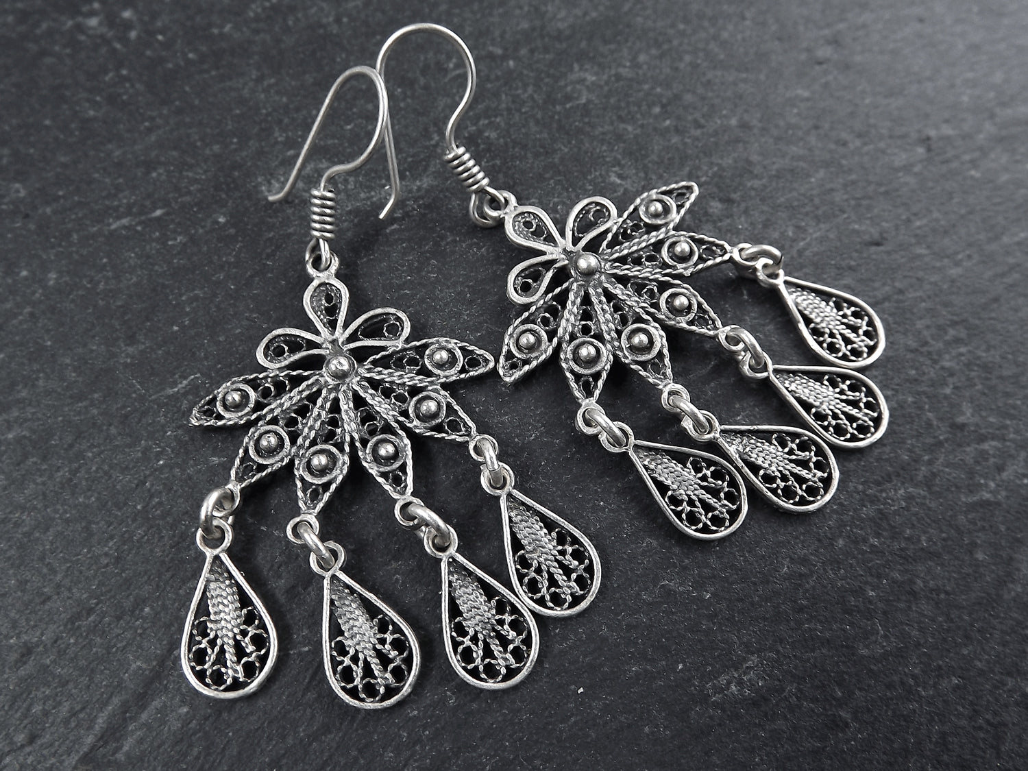 Petals Fan Shaped Telkari Dangly Silver Ethnic Boho Earrings