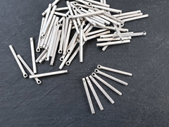 Small Short Slim Silver Vertical Square Bar Rod Pendant Charm, Matte Antique Silver Plated, 6pc
