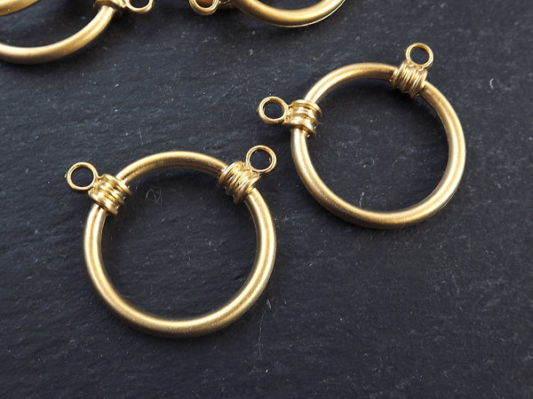 2 Round Ring Closed Loop Pendant Connector with Two Loops - 22k Matte Gold Plated