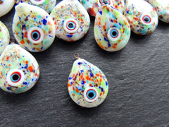 Glass Evil Eye Charm Pendant, Rainbow Multicolor Spotted Evil Eye Teardrop, Lampwork, Amulet, Protective, Lucky, OOAK Handmade, 1pc