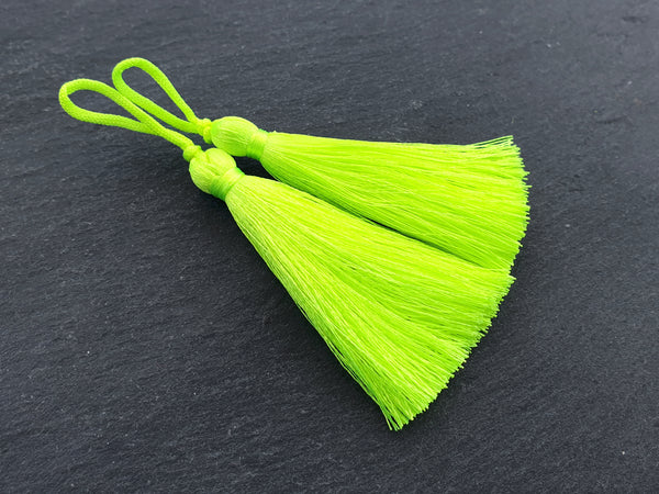 Long Neon Yellow Silk Thread Tassels - 3 inches - 77mm - 2 pc