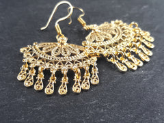 Scallop Fan Shaped Telkari Dangly Gold Ethnic Boho Earrings - Authentic Turkish Style