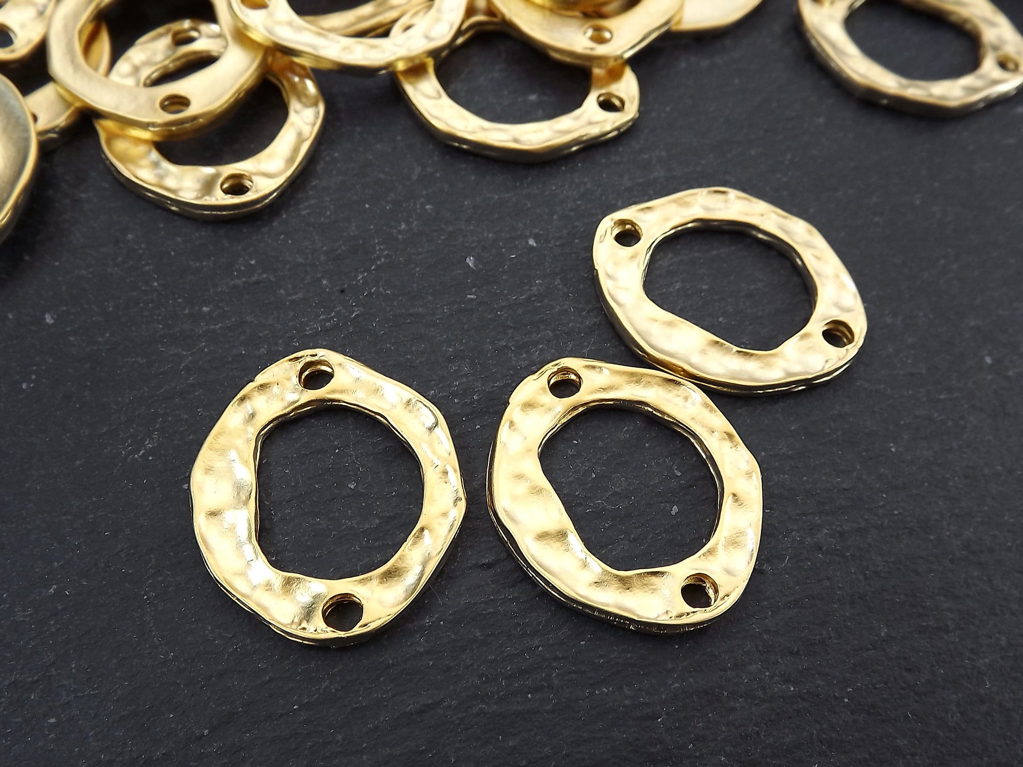 Gold Hammered Organic Ring Connector Pendant, Oval Hoop Loop Link with Holes, 22k Matte Gold, 3pc