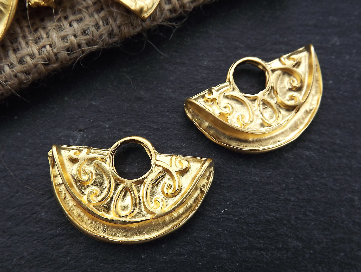 Tribal Ethnic Semi Circle Pendant Charms with Large Loop - 22k Matte Gold Plated - 2pc