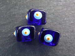 Cobalt Blue Square Evil Eye Beads, Protective Turkish Nazar, Good Luck Bead, 10mm, 3pc