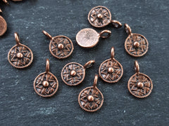 15 Mini Round Tribal Dot Charms, Small Ethnic Charm Pendant, Antique Copper Plated