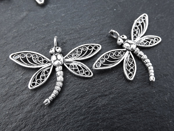 Small Silver Filigree Dragonfly Charm Pendant, Horizontal Loop, Matte Antique Silver, 2pcs