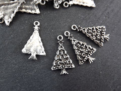 Christmas Tree Charms, Small Christmas Tree Holiday Pendant, Non Tarnish, Matte Antique Silver Plated, 4pc