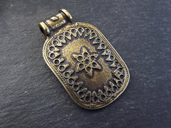 Nepalese Style Rectangle Medallion Artisan Heart Pendant Ethnic Tribal Pattern Rajasthan - Antique Bronze Plated - 1pc