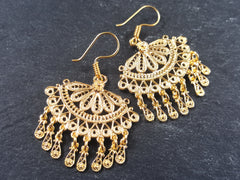 Scallop Fan Shaped Telkari Dangly Gold Ethnic Boho Earrings - Authentic Turkish Style