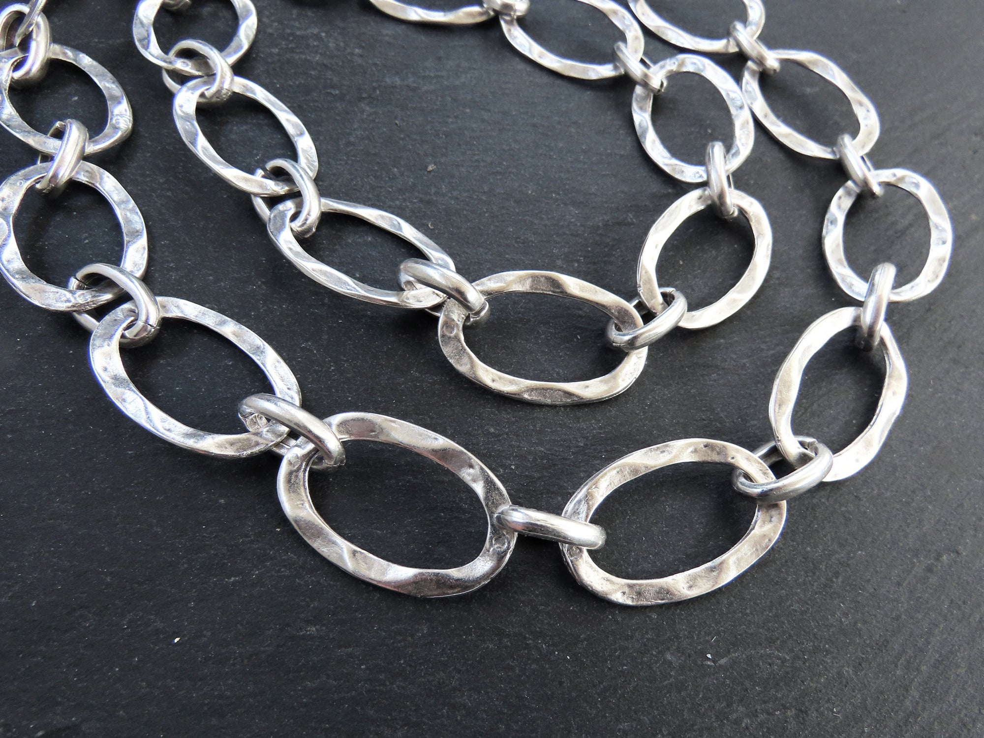 Gunmetal Gray Tone Wide Double Circle Chunky Chain Link Necklace