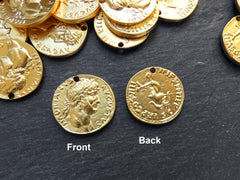 Greek Coin Pendant Gold Frame Bezel, Domitian Caesar Replica Coin, Medallion Charm, Ancient Greek Coin,, 22k Matte Gold Plated, 1pc