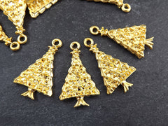 Christmas Tree Charms, Small Christmas Tree Holiday Pendant, Non Tarnish, 22k Matte Gold Plated, 4pc