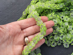 Lime Green Zig Zag Line Frosty Translucent Pinched Wave Artisan Handmade Glass Bead - 15 x 12mm - 10pcs