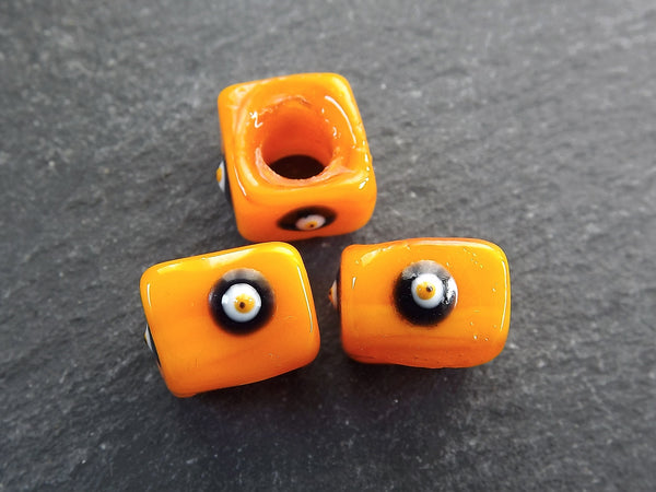 Orange Square Evil Eye Beads, Protective Turkish Nazar, Good Luck Bead, 10mm, 3pc