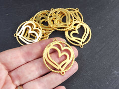 Gold Heart Pendant, Round Cut out Connector, Jewelry Making Artisan Craft Supplies, 22k matte gold Plated, 2pc