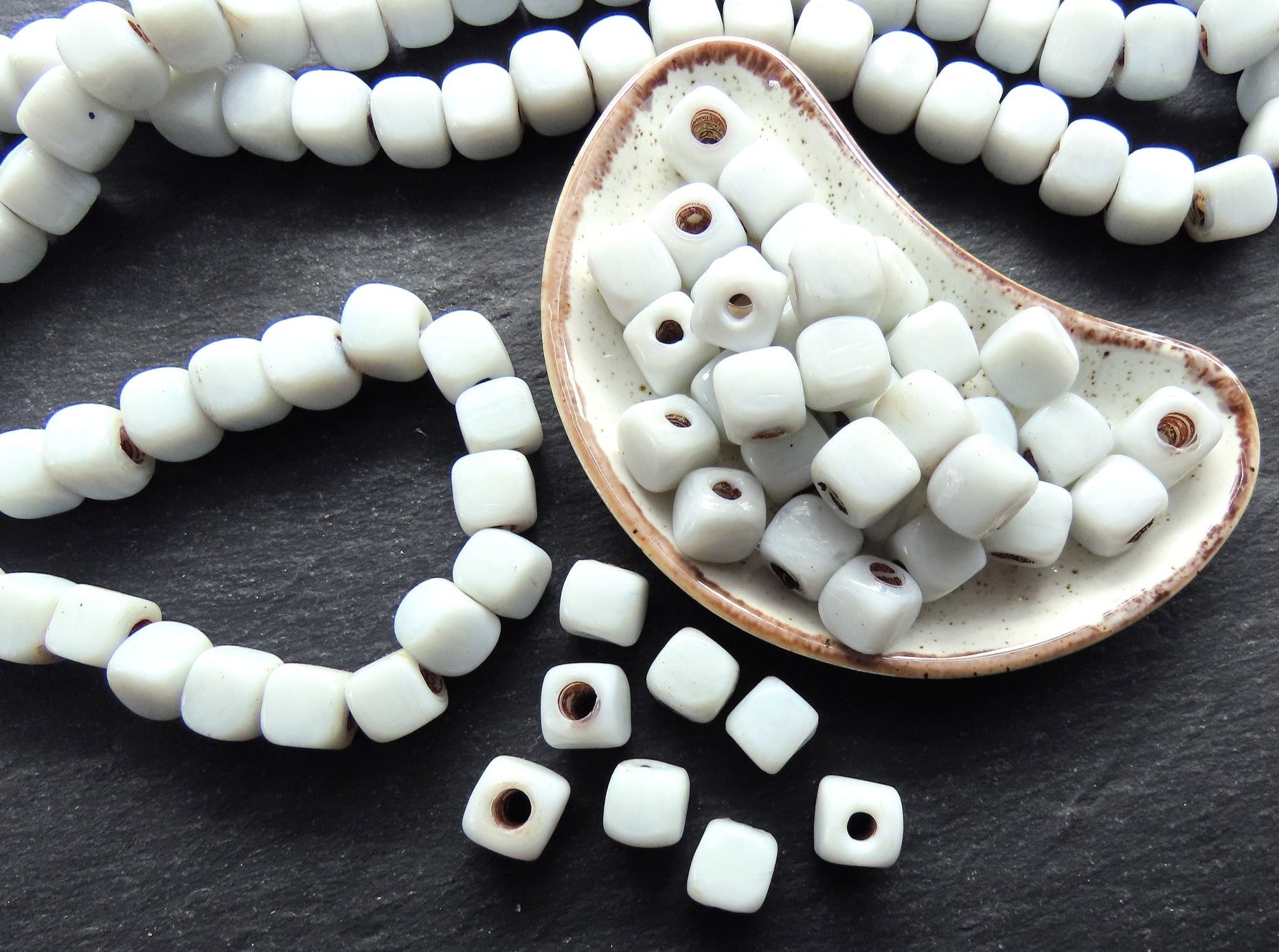 10mm White Glass Cube Square Beads, Rustic Traditional Turkish Artisan Handmade Beads, Turkish Glass Beads