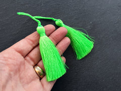 Long Bright Neon Green Silk Thread Tassels Earring Bracelet Necklace Tassel Jewelry Fringe Turkish Findings - 3 inches - 77mm - 2 pc