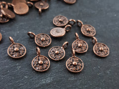15 Mini Round Tribal Dot Charms, Small Ethnic Charm Pendant, Antique Copper Plated