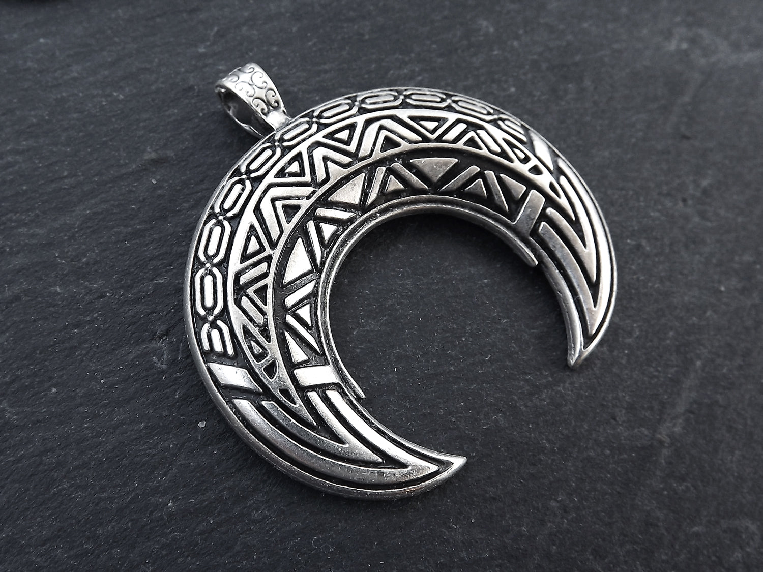 Large Crescent Pendant Tribal Double Horn Moon Detailed Pendant Matte Silver Plated Turkish Jewelry Making Supplies Findings Components 1PC