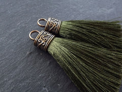 Olive Green Tassel Pendant, Silk Thread Tassel, Tassel Charm, Ornate Cap, Antique Bronze Cap, Tassel Jewelry, Brown Silk Tassel, 2.25 inches, 2pc