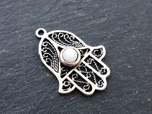 Filigree Hand of Fatima Hamsa Pendant Charm with White Smooth Cut Jade Accent - Antique Matte Silver Plated