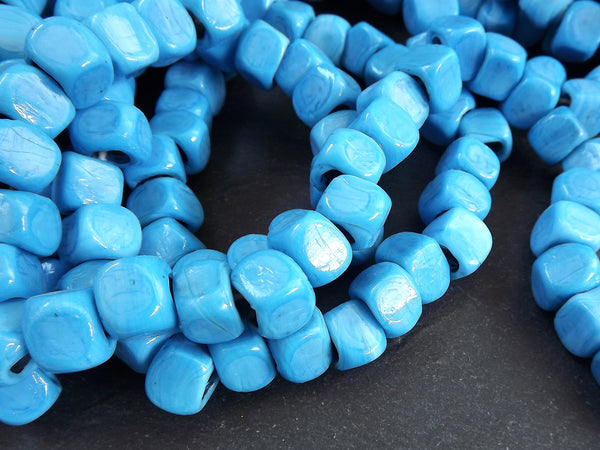 Sky Blue Glass Cube Square Beads, Rustic Traditional Turkish Glass Beads, 10mm