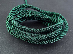 3.5mm Emerald Green Twisted Rope, Twisted Rayon Cord, Green Satin Rope, Silk Braid, Green Cord, 3 Ply Twist, 1 meters=1.09 Yards T2