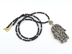 Sparkly Hamsa Hand of Fatima Rhinestone and Gemstone Necklace -  Black Facet Cut Onyx Stone