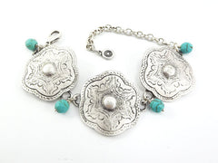 Tribal Ethnic Etched Silver Flower Statement Bracelet with Facet Turquiose Cut Drop Charms - Authentic Turkish Style