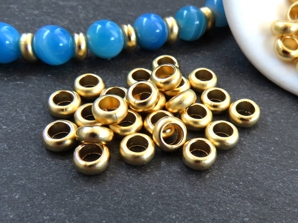6mm Heishi Washer Bead Spacers, Mykonos Greek Beads, Round Metal Beads, 3.2mm Hole, Jewelry Making Supply, 22k Matte Gold Plated, 20pc