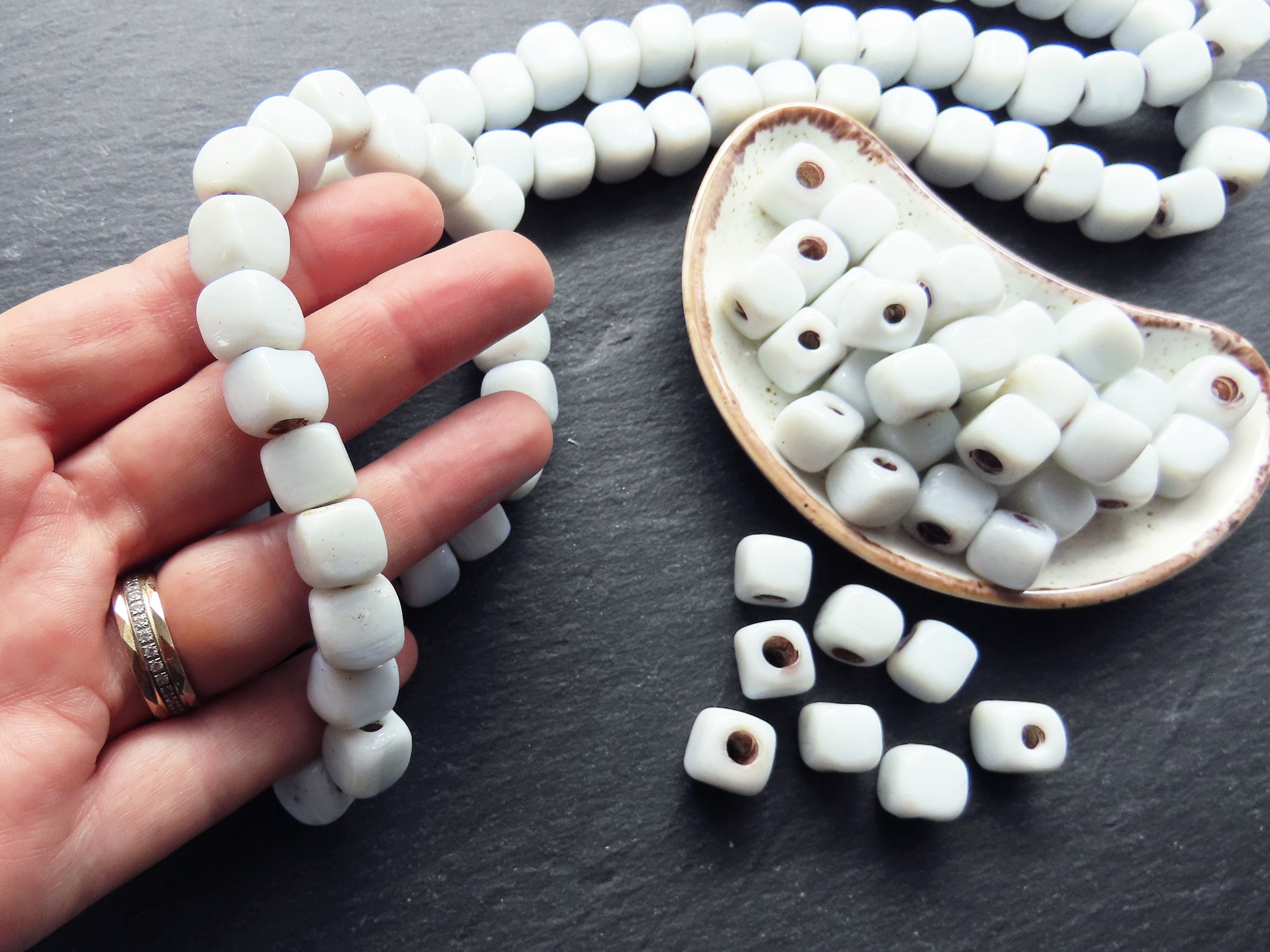 10mm White Glass Cube Square Beads, Rustic Traditional Turkish Artisan  Handmade Beads, Turkish Glass Beads