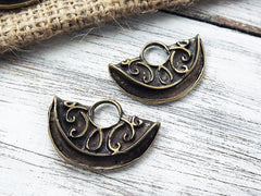 Tribal Ethnic Semi Circle Pendant Charms with Large Loop - Antique Bronze Plated - 2pc