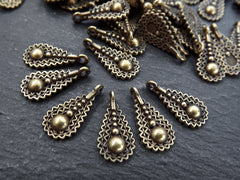 Filigree Teardrop Charm, Small Ethnic Drop Dangle Pendant, Antique Bronze Plated Brass, 10pc