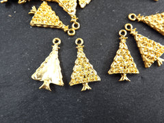 Christmas Tree Charms, Small Christmas Tree Holiday Pendant, Non Tarnish, 22k Matte Gold Plated, 4pc