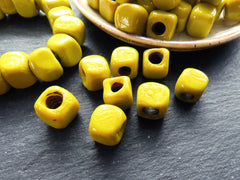 10mm Yellow Glass Cube Square Beads, Rustic Traditional Turkish Artisan Handmade Beads, Turkish Glass Beads