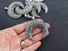 Large Crescent Pendant Tribal Double Horn Moon Detailed Pendant Matte Silver Plated Turkish Jewelry Making Supplies Findings Components 1PC