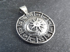 Zodiac Horoscope Pendant, Sun Moon Pendant, Silver Constellation Charm, Disc Pendant, Matte Antique Silver Plated, 1pc