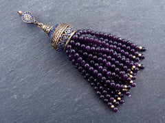 Large Long Potent Purple Jade Stone Beaded Tassel with Crystal Accents Greek Key Pattern - Antique Bronze - 1PC
