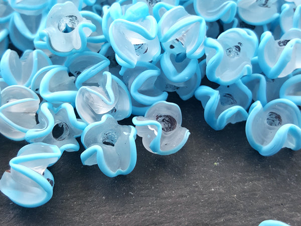 Sky Blue Zig Zag Line Frosty Translucent Pinched Wave Artisan Handmade Glass Bead - 15 x 12mm - 10pcs