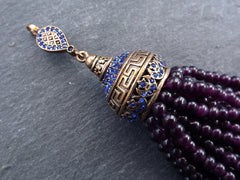 Large Long Potent Purple Jade Stone Beaded Tassel with Crystal Accents Greek Key Pattern - Antique Bronze - 1PC