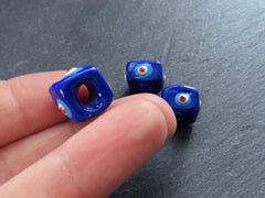 Royal Blue Square Evil Eye Beads, Protective Turkish Nazar, Good Luck Bead, 10mm, 3pc